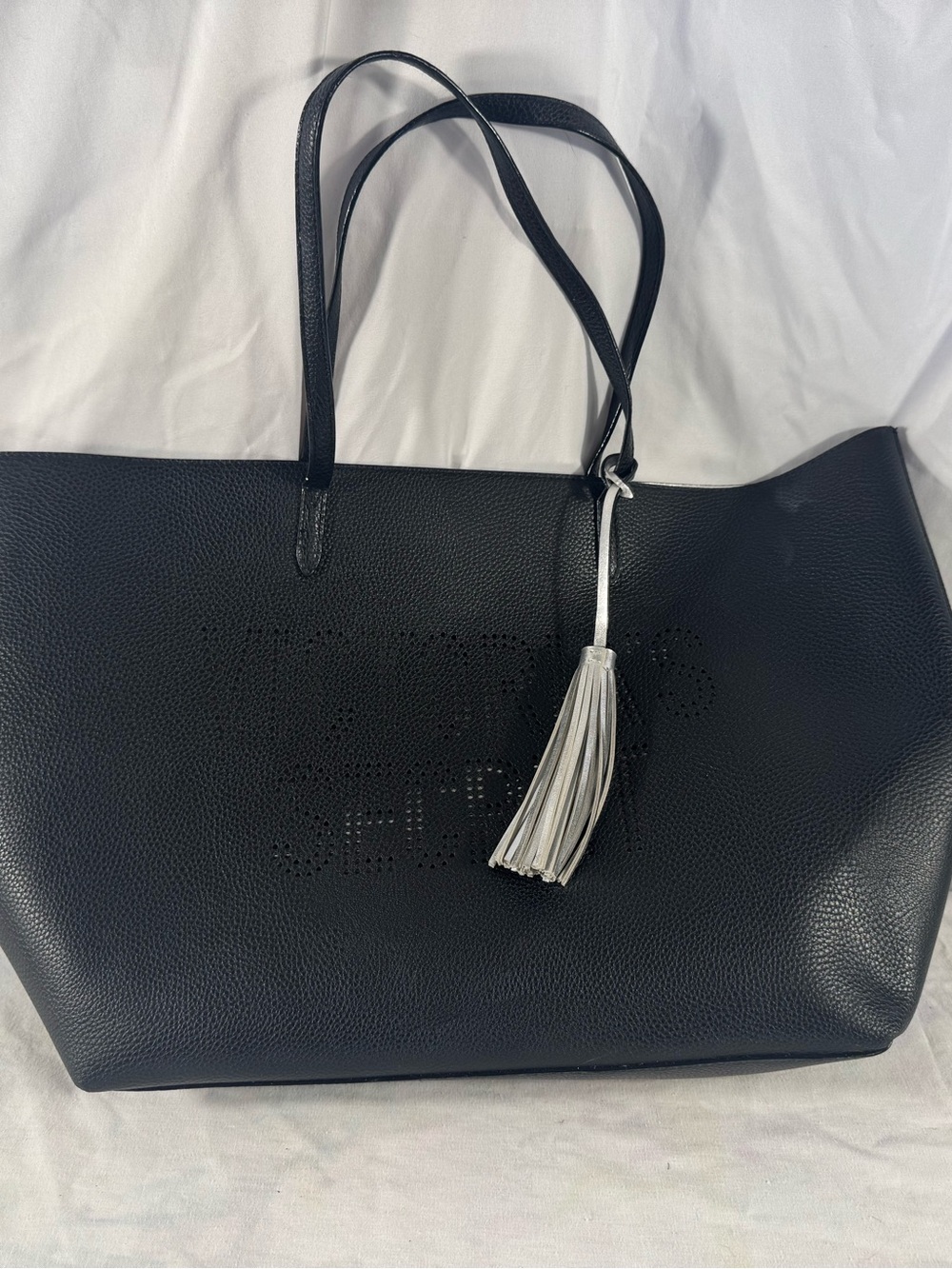 Victoria's Secret Black Perforated Leather Tote Bag Silver Tassel NWOT Large